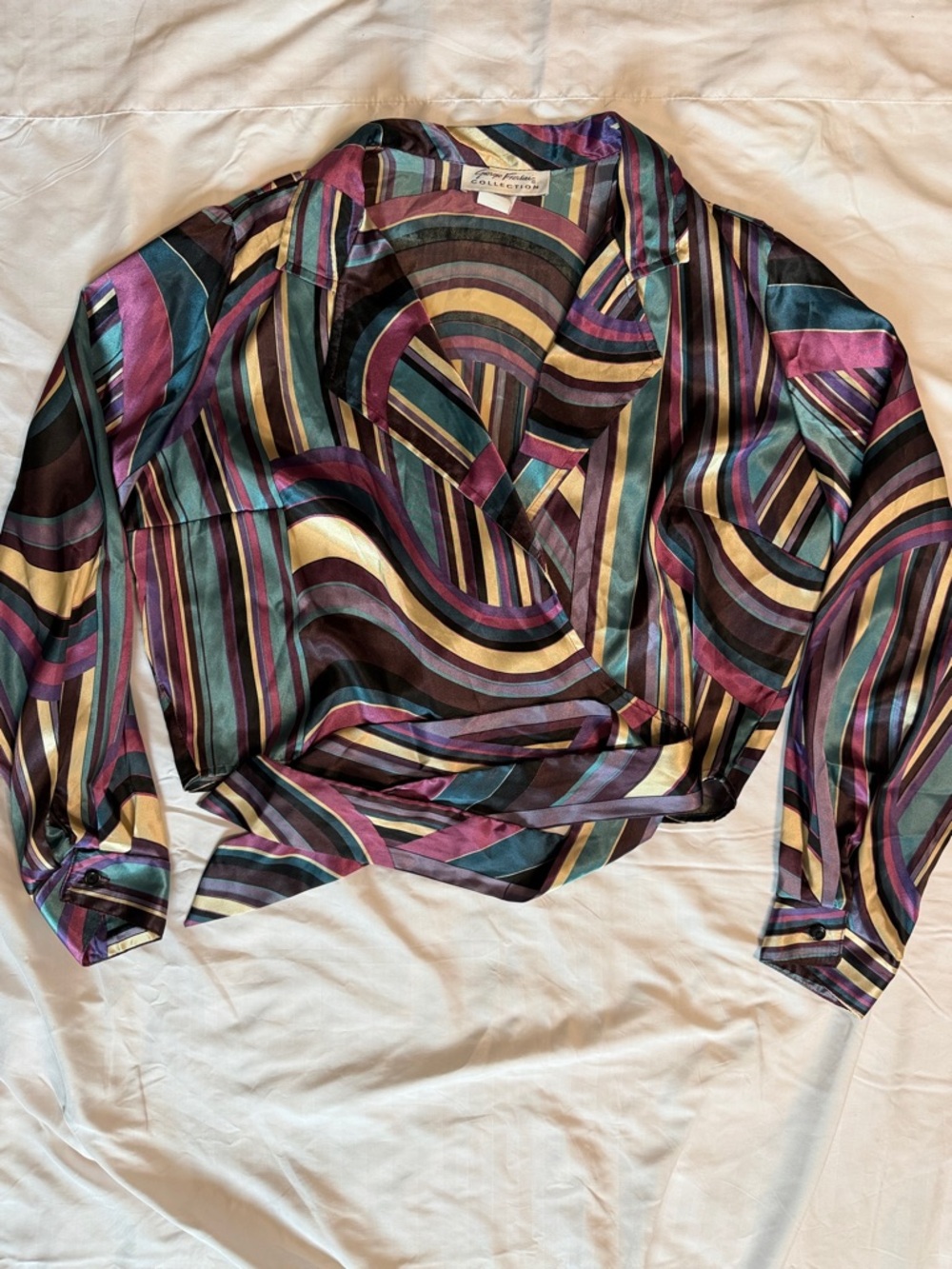 Vintage 70s style Multicolor Striped Satin Wrap Blouse